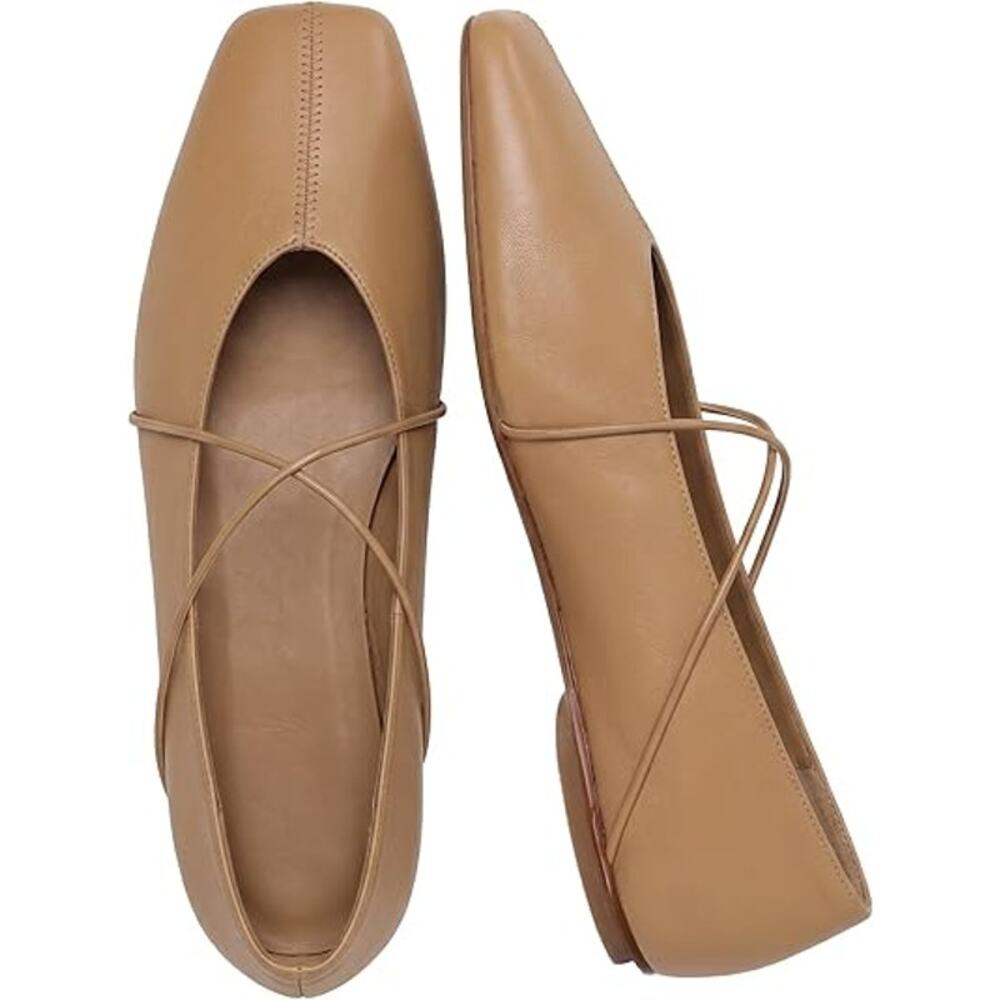 New Size 7 Criss Cross Strap, Square Toe Ballet Flats in Tan